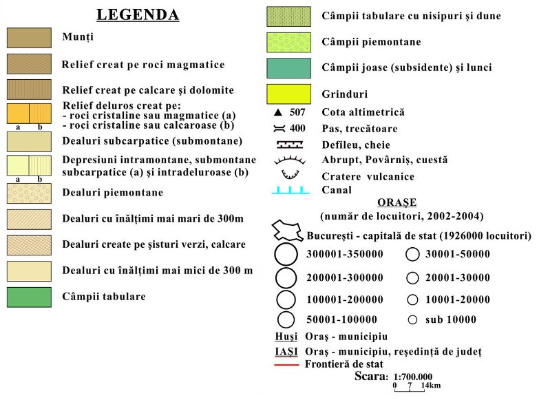 Legenda Harta Romania - Unitati de relief si orase