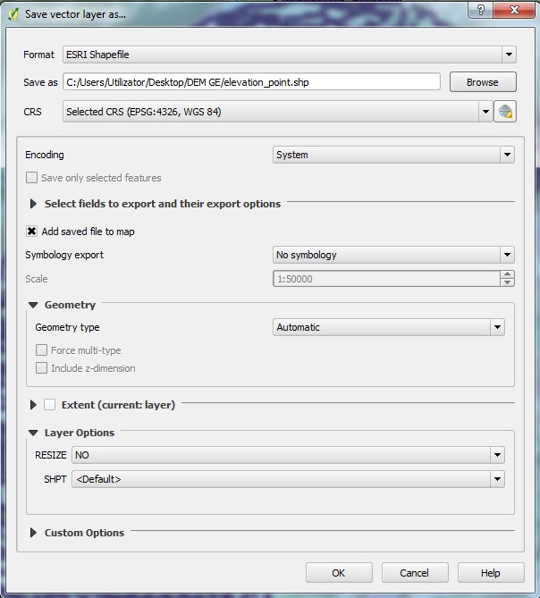 Fig. 8 Parametrii Export .shp QGis